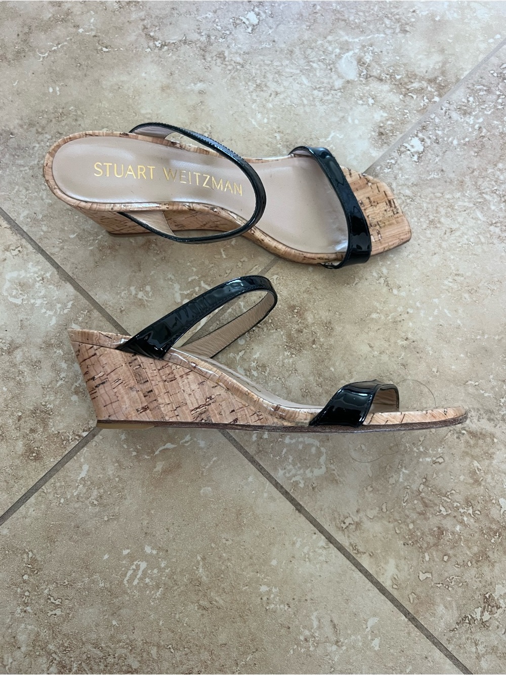 Stuart Weitzman Black Patent Leather Cork Wedge Sandals